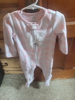 Infant Pink Plush Footed One-Piece with Bear Applique